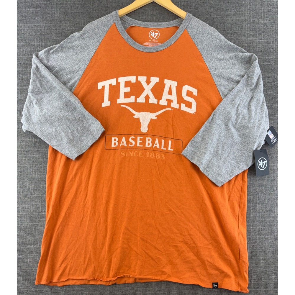 47 Brand Texas Longhorns Baseball Raglan Shirt Orange Grey 3XL New 0442